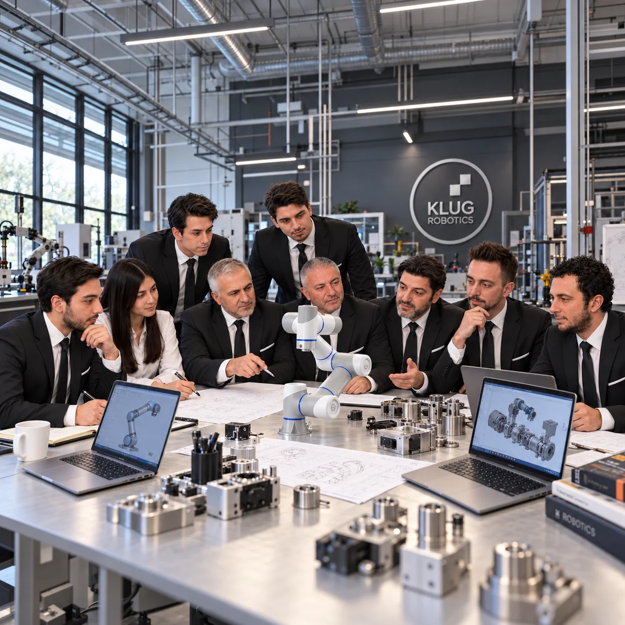 Markasız bir cobot yanında otomasyon projesini değerlendiren mühendislik ekibi