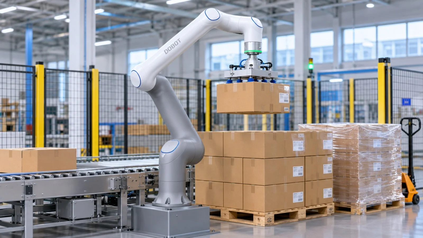 Automated packaging and palletising line with a generic collaborative robot