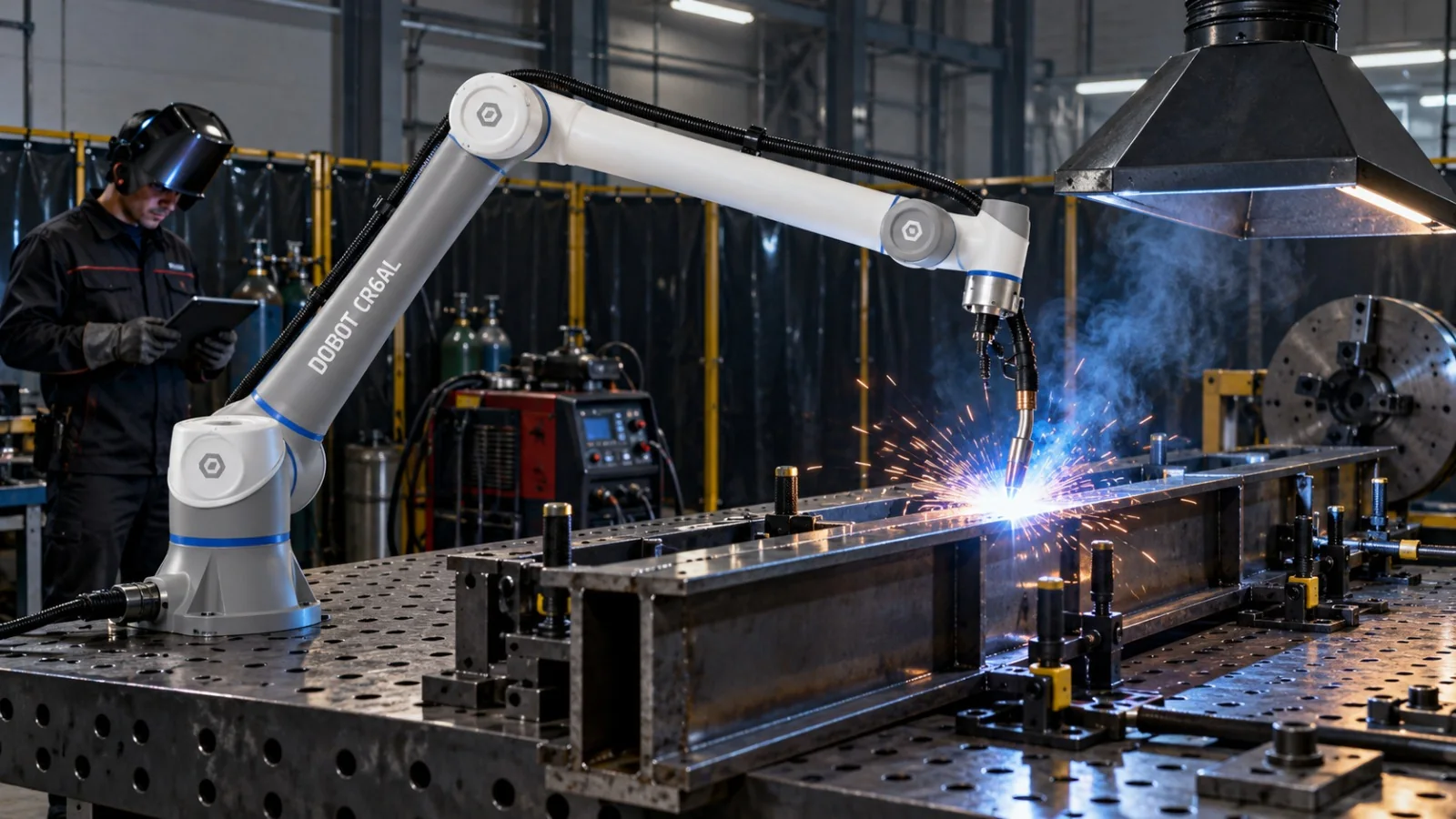 Generic collaborative robot welding an industrial metal component